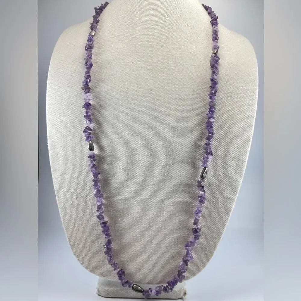 925 Sterling Silver Unsigned Long Amethyst Hematite Single Strand Necklace